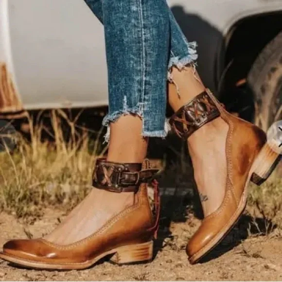 Freebird Gray and Brown Flats with Distressed Leather and Ankle Strap Si… - Picture 3 of 12